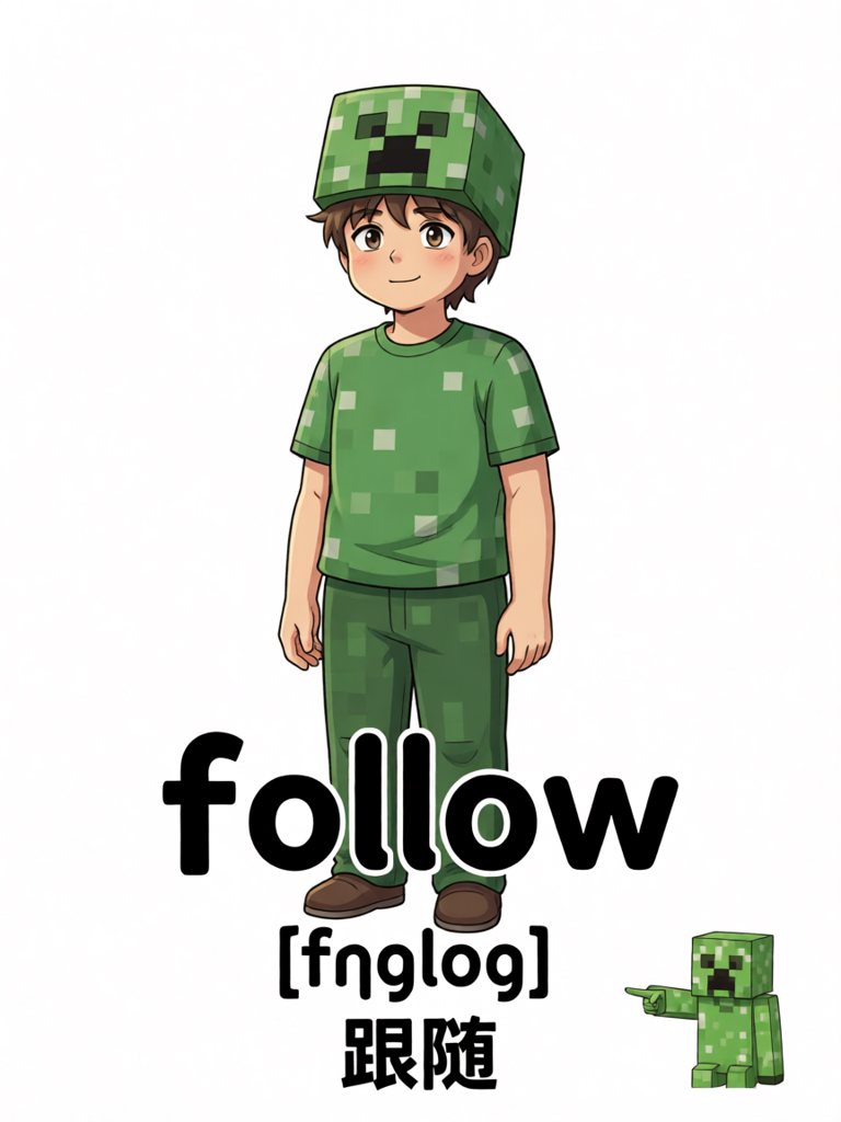 follow 单词卡插画